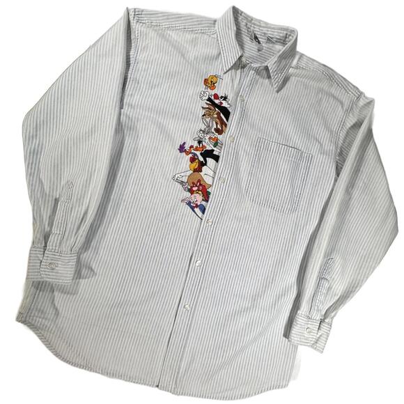 Warner Bros. Tops - Looney Tunes Shirt Women's Large VTG 8 Embroidered Characters Denim White Stripe